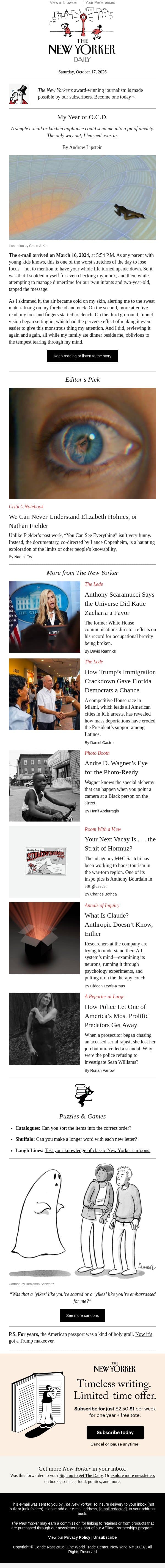 My Year of O.C.D. email from The New Yorker screenshot