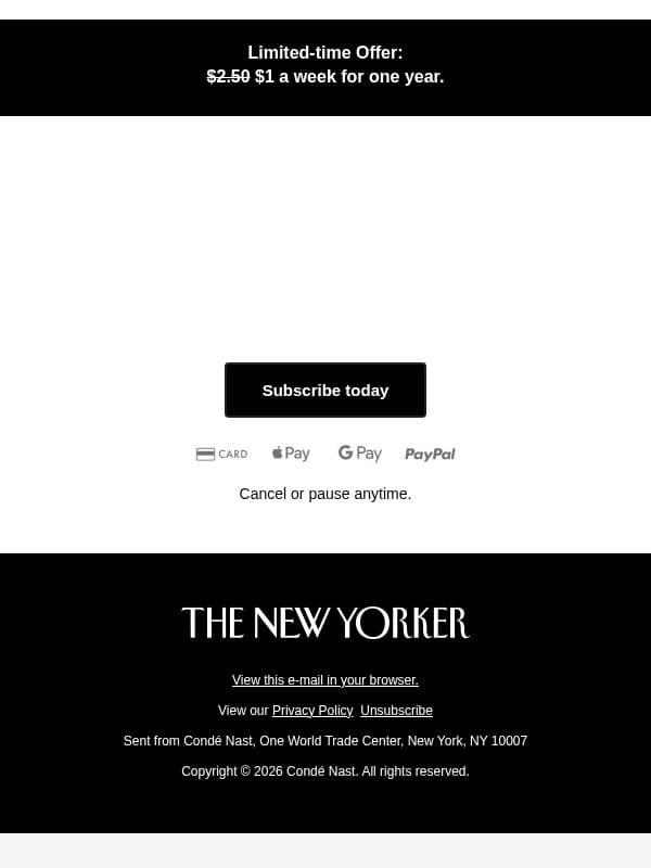 Get one year for $1 a week and stay ahead of the story email from The New Yorker screenshot