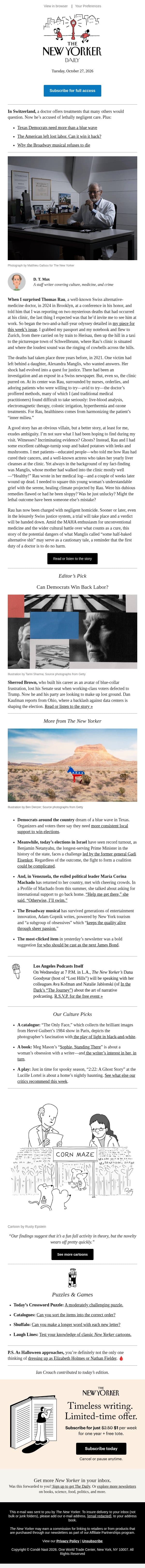 Deaths at an Alternative-Medicine Clinic email from The New Yorker screenshot