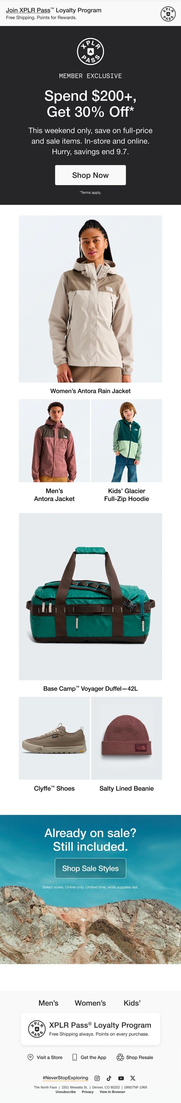 Save 30% when you spend $200+ email from The North Face screenshot