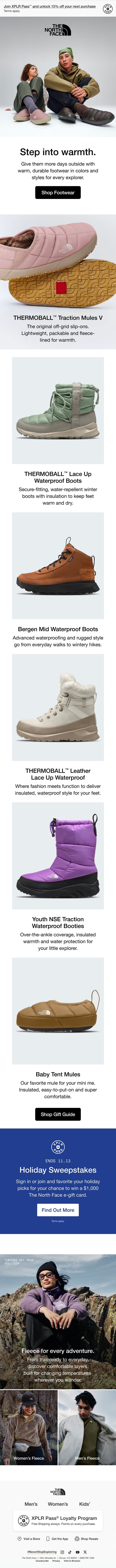 Footwear built for holiday adventures and beyond. email from The North Face screenshot