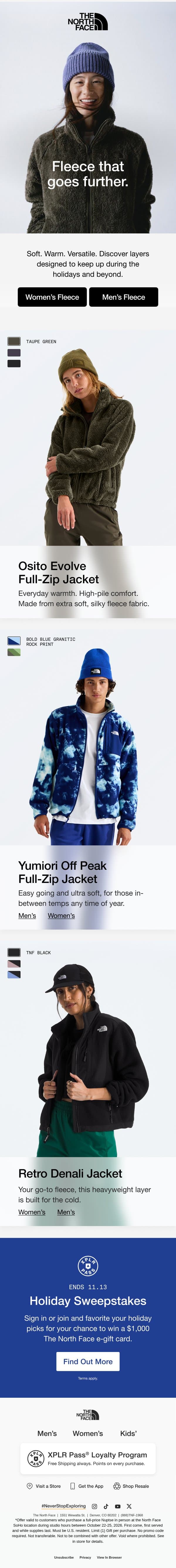 Fleece favorites for holiday adventures ahead. email from The North Face screenshot