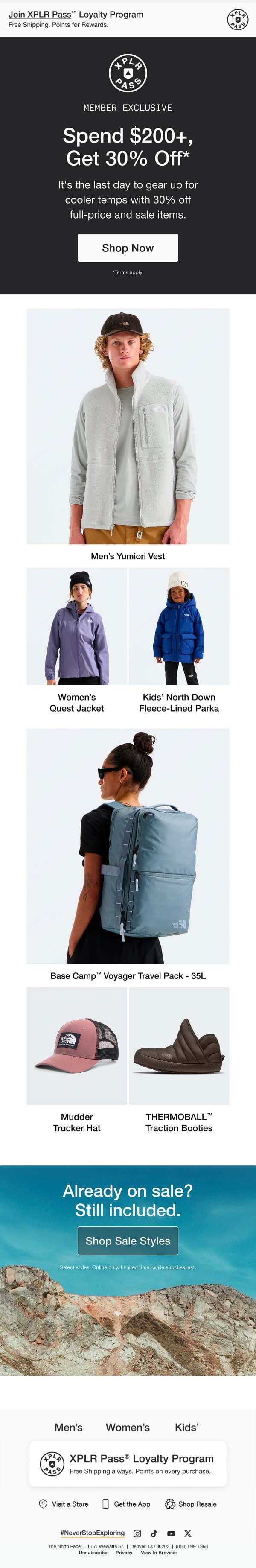 Ends today: Save 30% when you spend $200+ email from The North Face screenshot