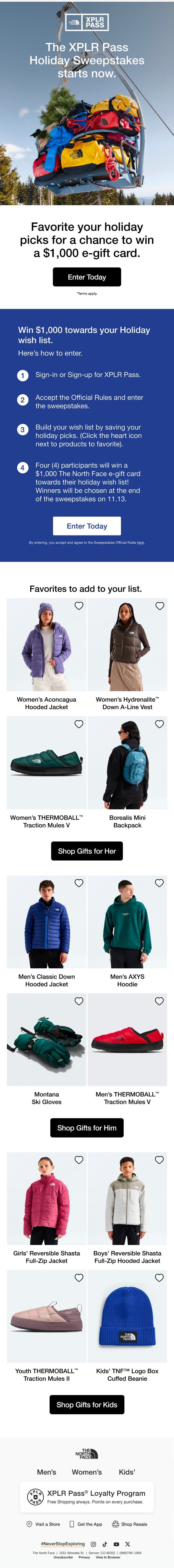 The XPLR Pass Holiday Sweepstakes is on. email from The North Face screenshot