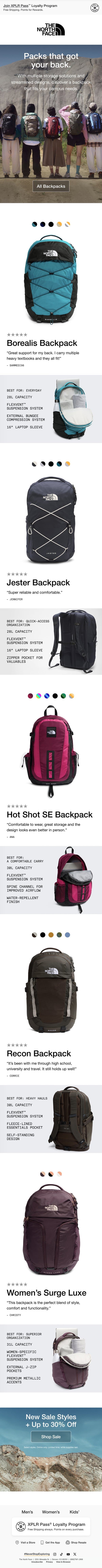 Explore backpacks that fit your campus needs email from The North Face screenshot