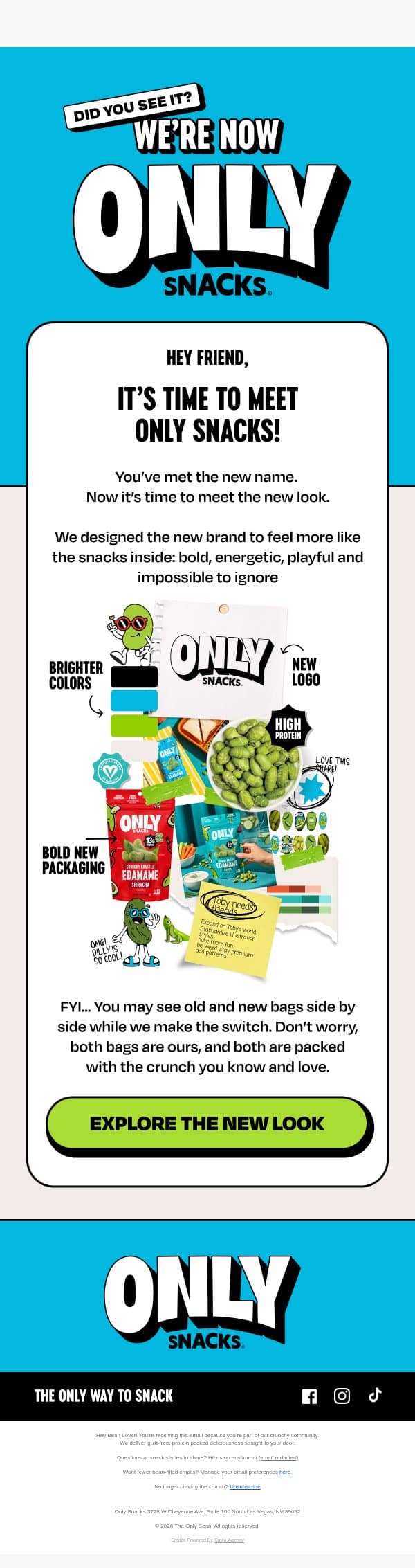New name. Fresh look. Same crunch. email from The Only Bean screenshot