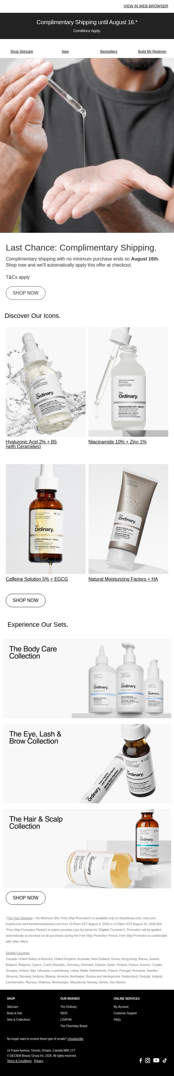 Complimentary shipping ends soon email from The Ordinary screenshot