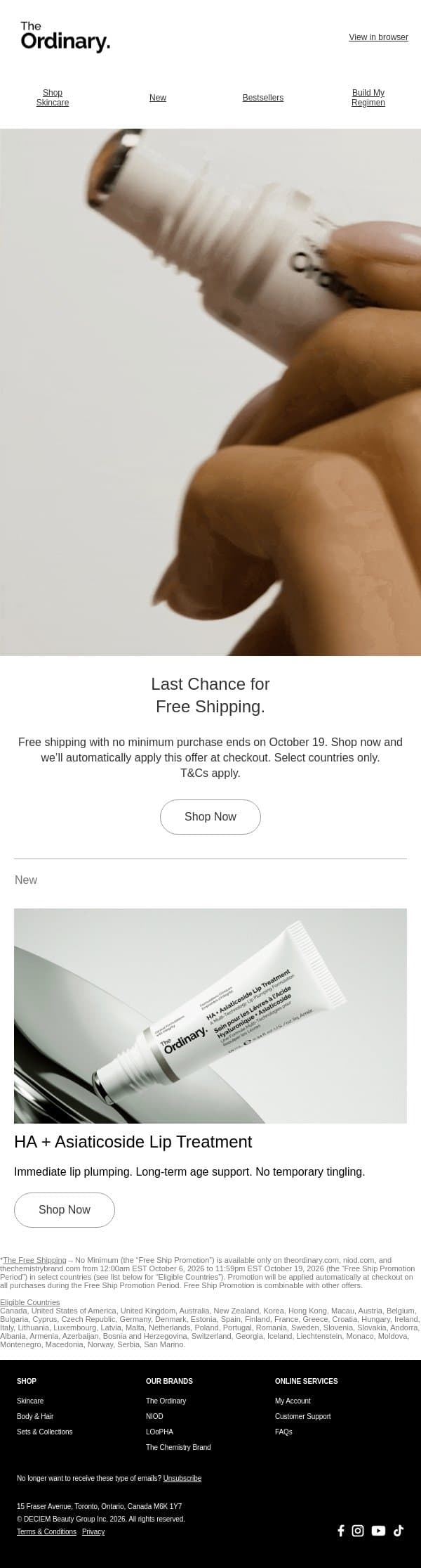 Last chance for free shipping. email from The Ordinary screenshot