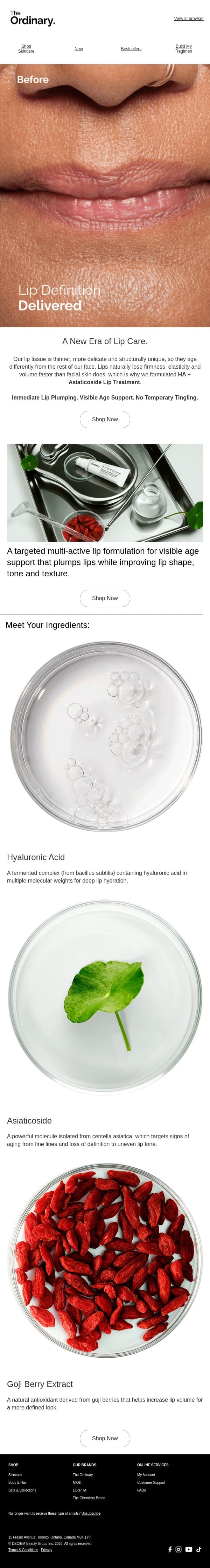 Meet HA + Asiaticoside Lip Treatment. email from The Ordinary screenshot