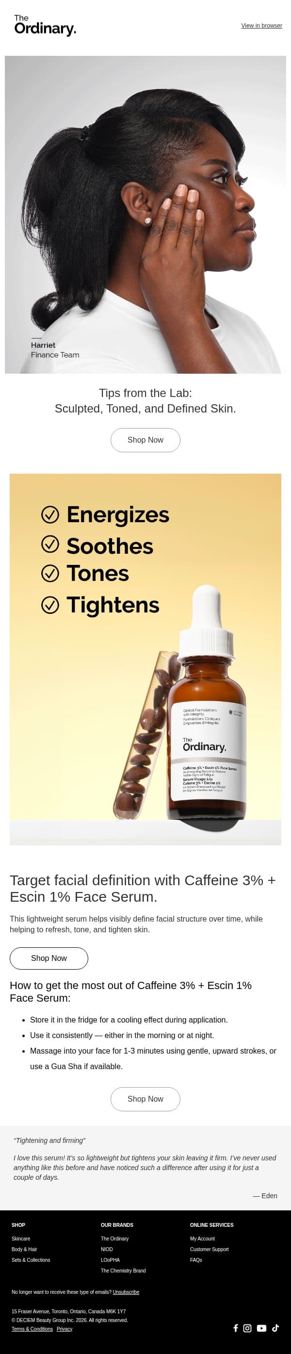 Tips on getting a more firm, lifted, and defined skin. email from The Ordinary screenshot