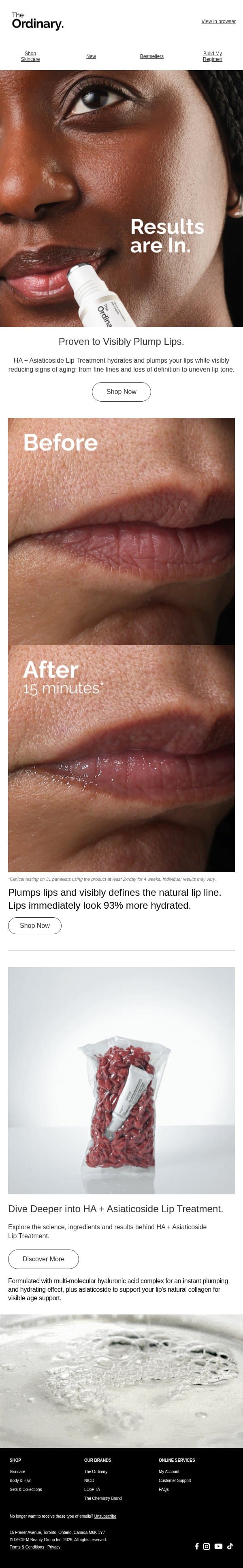 Lips Look 93% More Hydrated. Immediately. email from The Ordinary screenshot