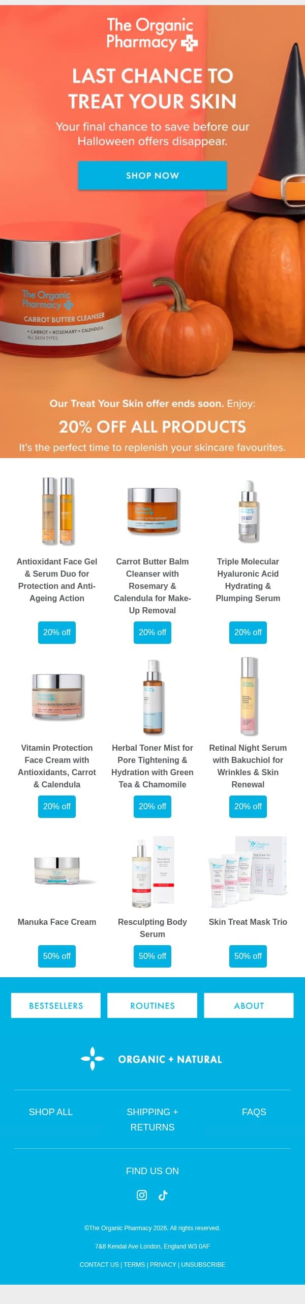 Happy Halloween: 20% off your favourites 👻 email from The Organic Pharmacy screenshot
