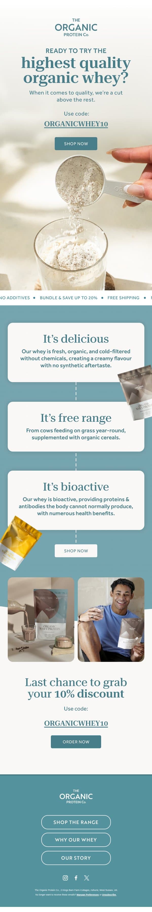 Last chance to claim your discount! email from The Organic Protein Company screenshot