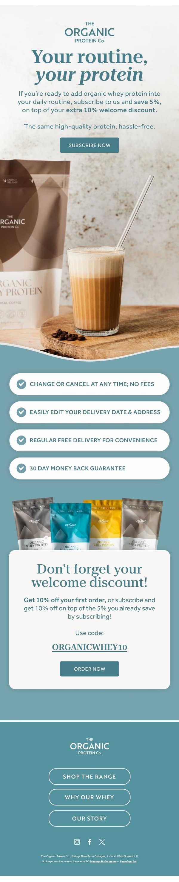 Don’t forget your 10% discount! email from The Organic Protein Company screenshot