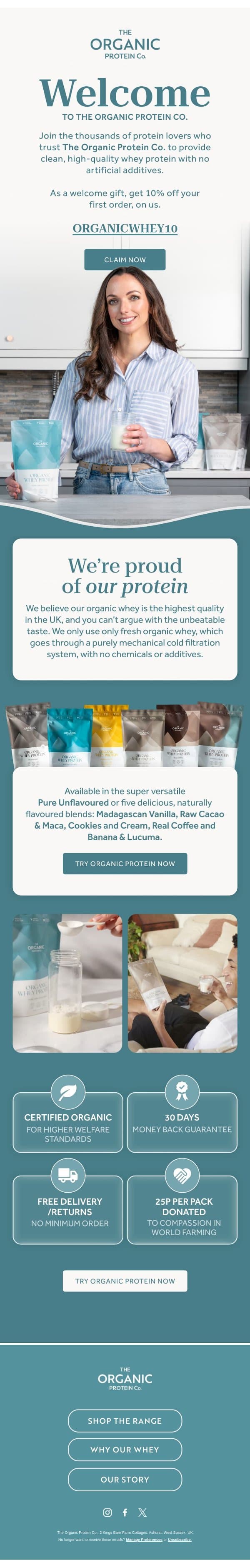 Welcome, protein lover... email from The Organic Protein Company screenshot