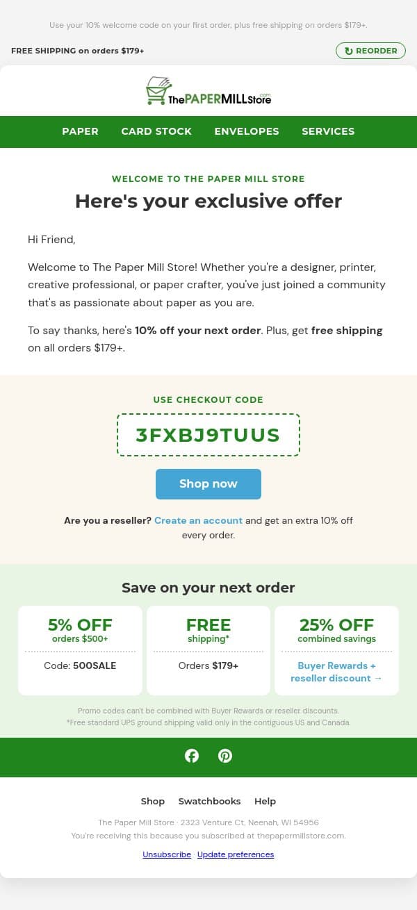 Welcome to The Paper Mill Store 🎉 Here’s Your Coupon for 10% Off email from The Paper Mill Store screenshot