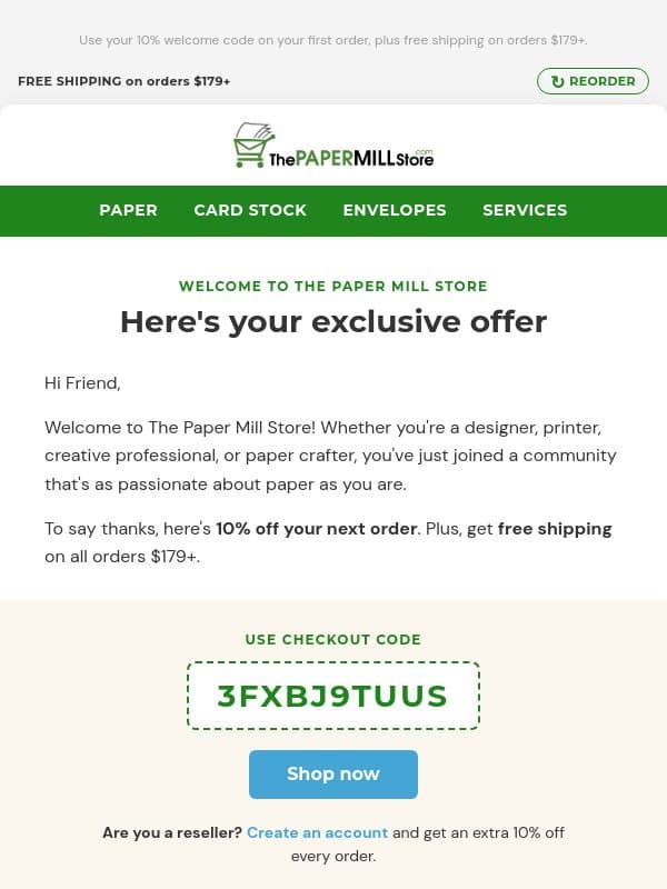 Welcome to The Paper Mill Store 🎉 Here’s Your Coupon for 10% Off email from The Paper Mill Store