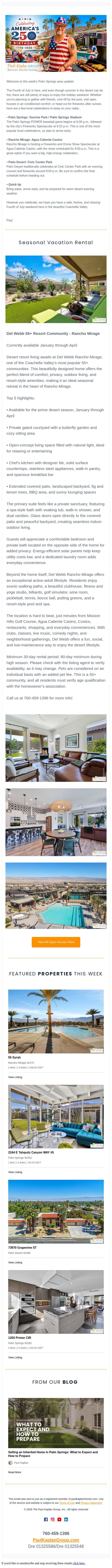 Happy 250th America, from Palm Springs! Where to celebrate, and featured homes email from The Paul Kaplan Group screenshot