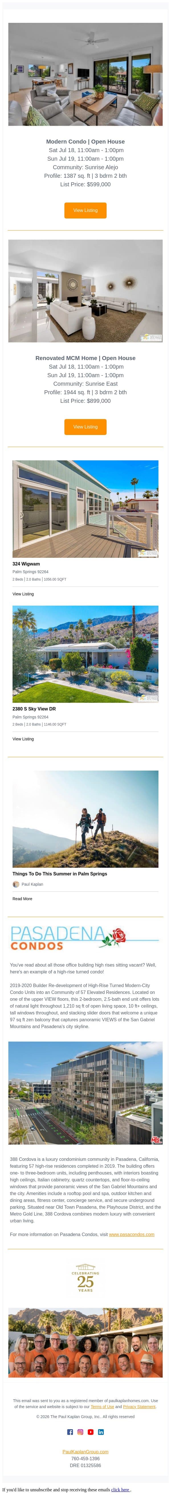🌴 New listings and open houses + Summer Fun in Palm Springs email from The Paul Kaplan Group screenshot