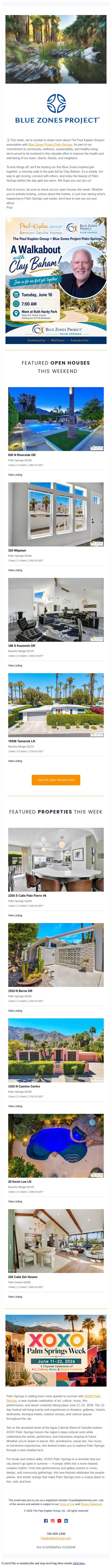 Open Houses, Blue Zone Events and the new XOXO Festival in Palm Springs - Join us email from The Paul Kaplan Group screenshot