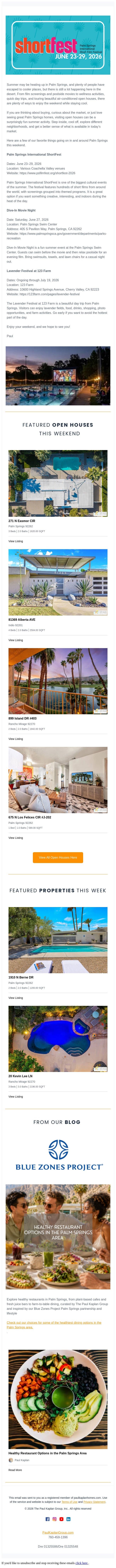 Summer fun, open houses - and healthy dining in Palm Springs email from The Paul Kaplan Group screenshot