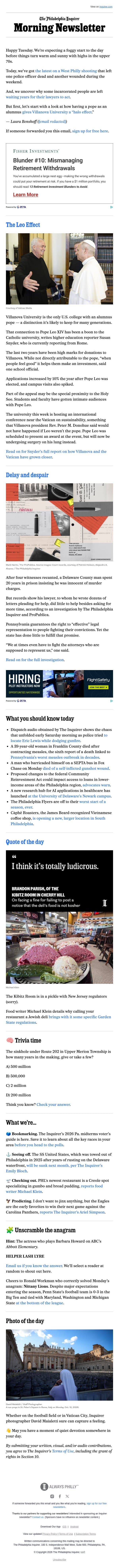 ⛪️ Villanova at the Vatican email from The Philadelphia Inquirer screenshot