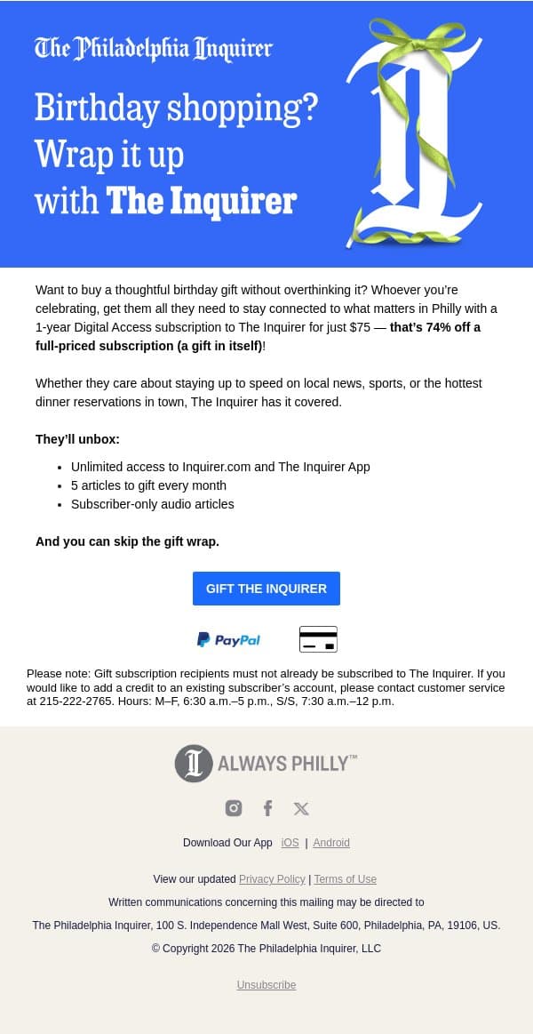 Say HBD with 365 days of The Inquirer email from The Philadelphia Inquirer screenshot