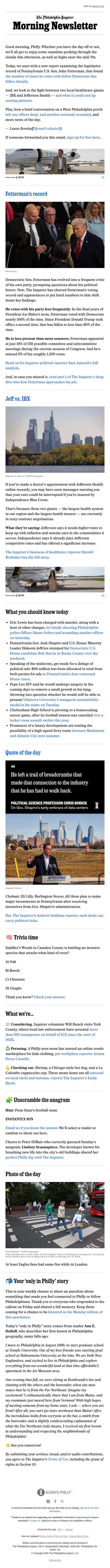 Fetterman increasingly votes with Republicans email from The Philadelphia Inquirer screenshot