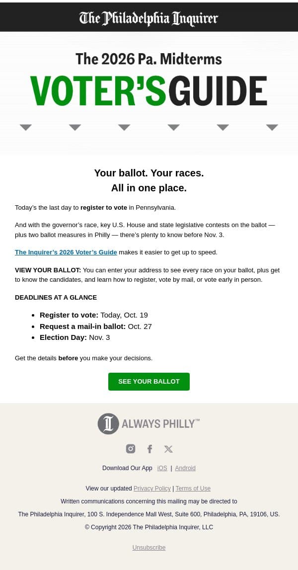 🇺🇸 Your guide to Pennsylvania’s 2026 midterms email from The Philadelphia Inquirer screenshot