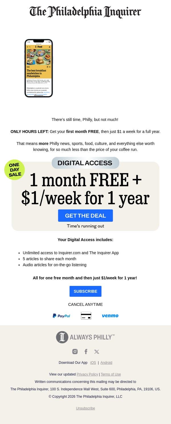 HOURS LEFT: 1 MONTH FREE + 1 YEAR for $1/week email from The Philadelphia Inquirer screenshot