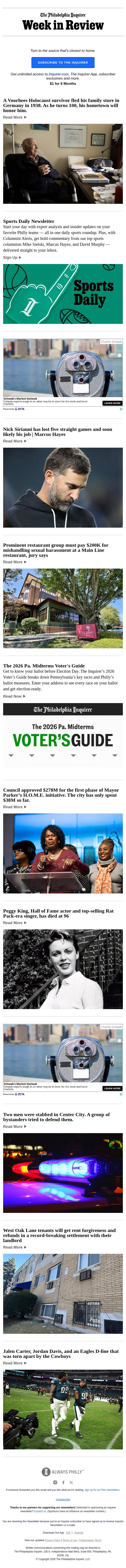 This week: Prominent restaurant group must pay $200K for mishandling sexual harassment at a Main Line restaurant, jury says and more email from The Philadelphia Inquirer screenshot