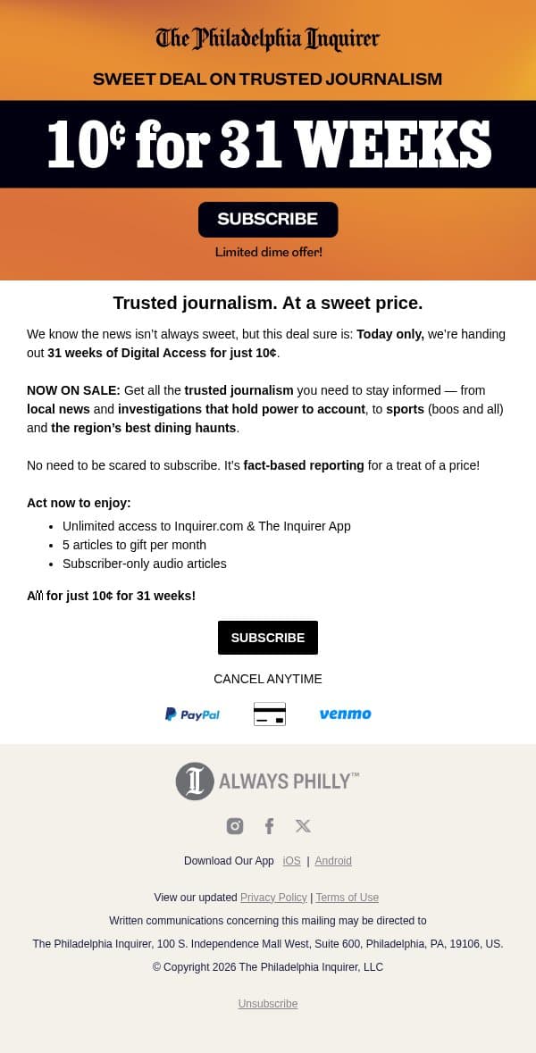 Our treat to you: 10¢ for 31 WEEKS email from The Philadelphia Inquirer screenshot
