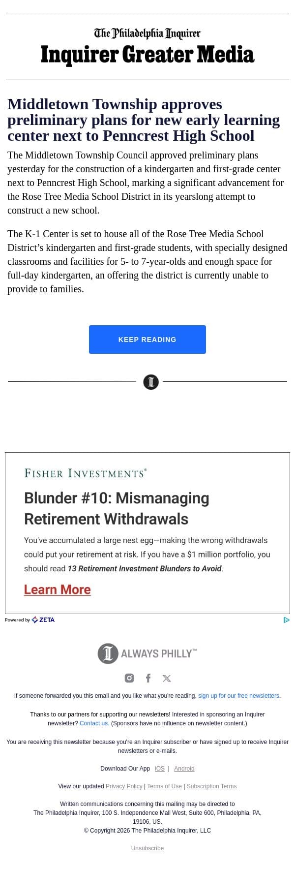 Rose Tree's K-1 Center advances email from The Philadelphia Inquirer screenshot