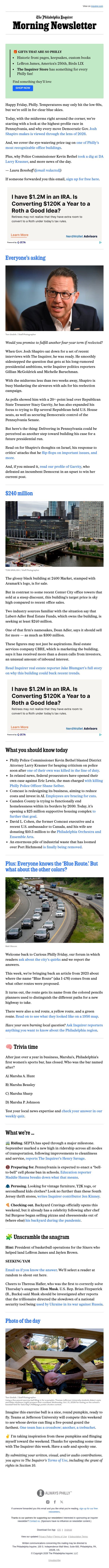🗳️ Shapiro doesn’t want to talk 2028 email from The Philadelphia Inquirer screenshot