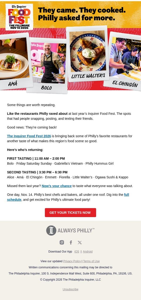 🍽️ Philly loved them last year. They’re back! email from The Philadelphia Inquirer screenshot