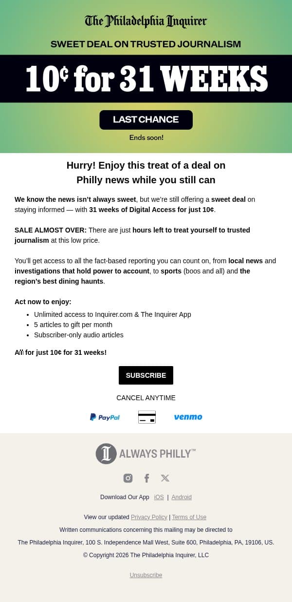 ENDS SOON: 10¢ for 31 WEEKS email from The Philadelphia Inquirer screenshot