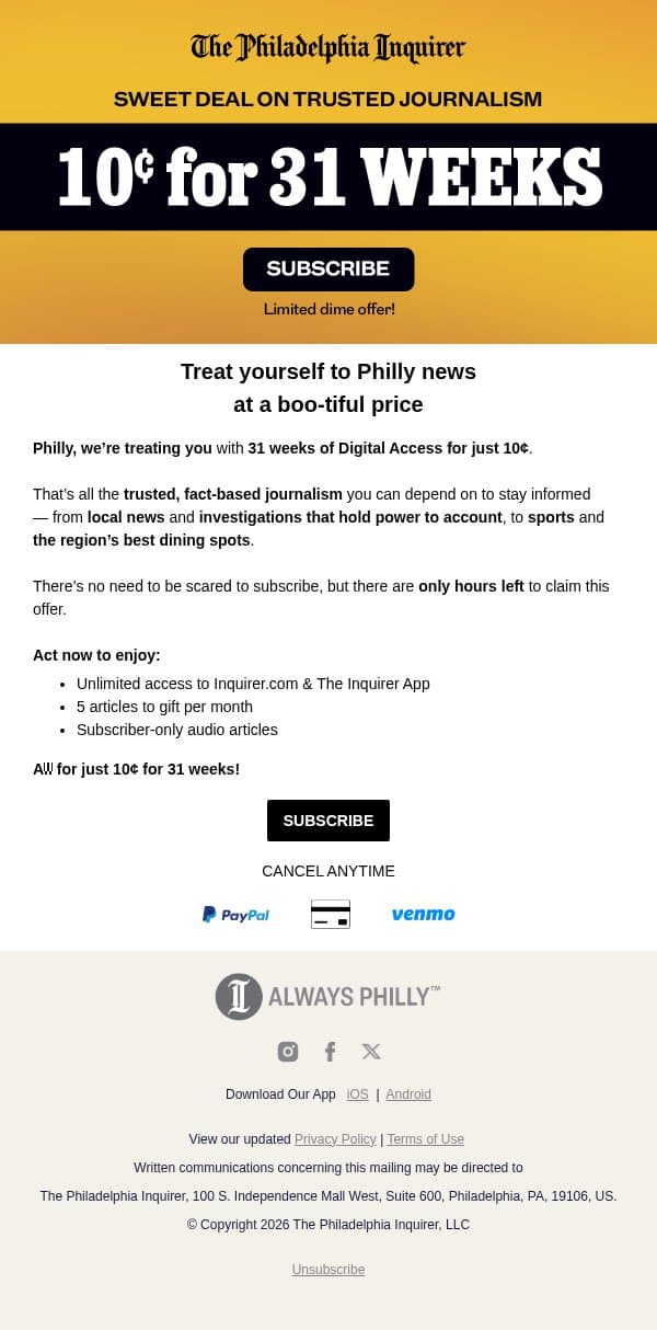 ACT NOW: 10¢ for 31 WEEKS email from The Philadelphia Inquirer screenshot