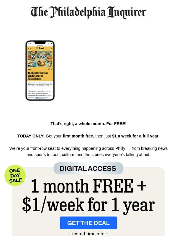 TODAY ONLY: GET 1 MONTH FREE email from The Philadelphia Inquirer