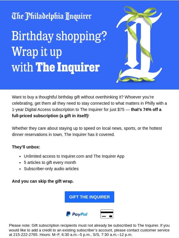 Say HBD with 365 days of The Inquirer email from The Philadelphia Inquirer