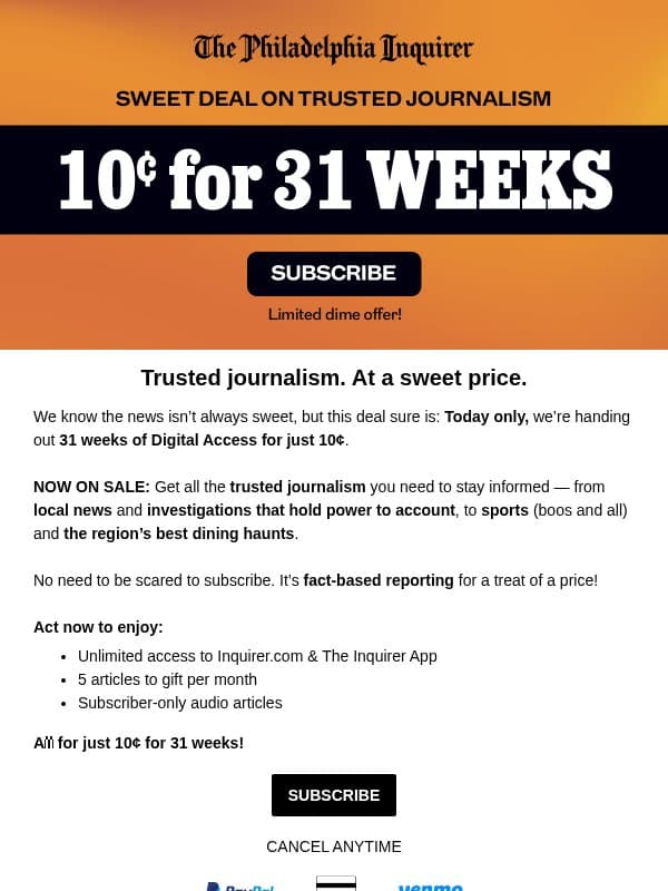 Our treat to you: 10Β’ for 31 WEEKS email from The Philadelphia Inquirer