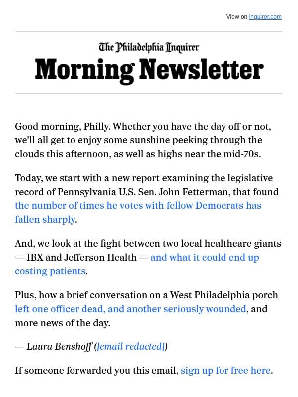 Fetterman increasingly votes with Republicans email from The Philadelphia Inquirer
