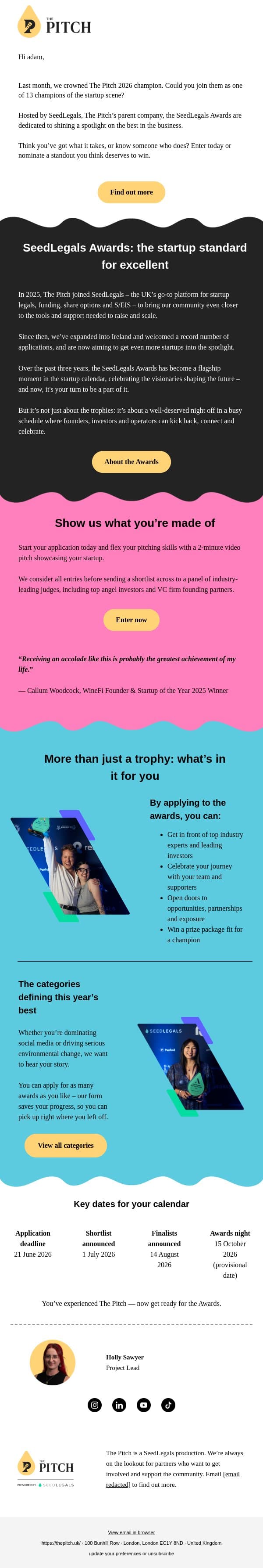 Apply for the SeedLegals Awards today email from The Pitch screenshot