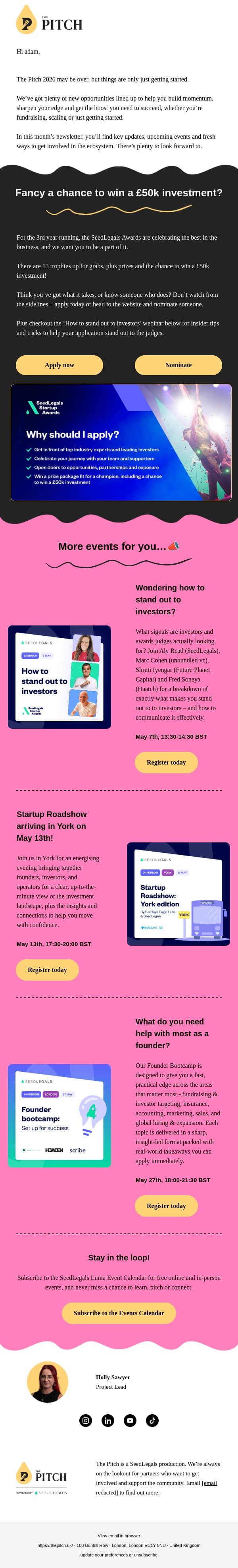 The Pitch April updates email from The Pitch screenshot