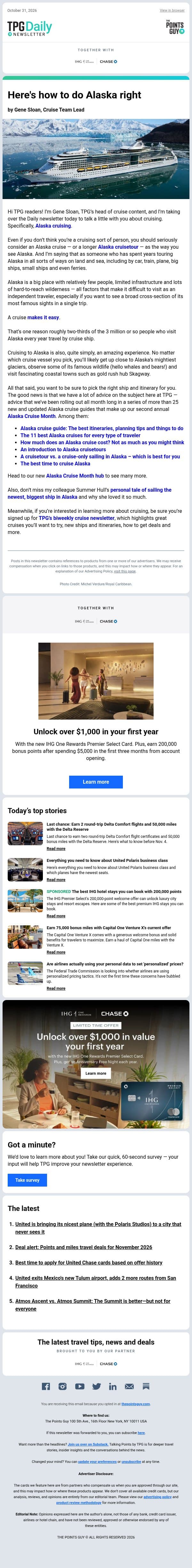 ✈ The Alaska Experience You Might Be Overlooking, Last Chance: Earn 2 Round-Trip Delta Comfort Flights & More From TPG ✈ email from The Points Guy screenshot