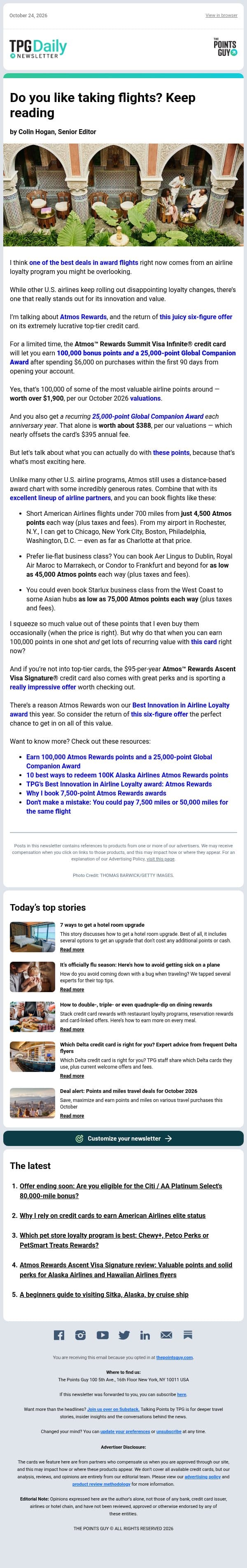 ✈ Why I Think This is the Best Deal in Award Flights, 7 Ways to Get a Room Upgrade & More From TPG ✈ email from The Points Guy screenshot