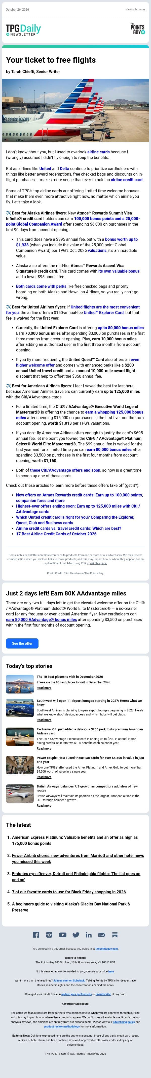 ✈ These 3 Major Airlines Have Offers You Should See, 10 Best Places to Visit in December & More From TPG ✈ email from The Points Guy screenshot
