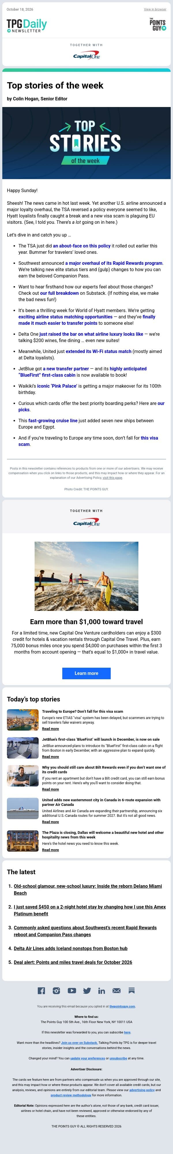 ✈ News You Need to Know, Traveling to Europe? Avoid This Visa Scam & More From TPG ✈ email from The Points Guy screenshot