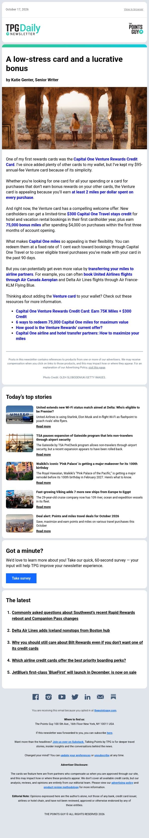 ✈ An Easy $1,000+ in Travel, United Extends Wi-Fi Status Match & More From TPG ✈ email from The Points Guy screenshot
