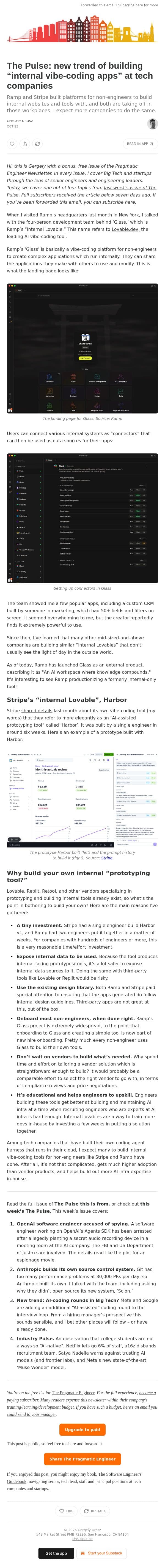 The Pulse: new trend of building “internal vibe-coding apps” at tech companies email from The Pragmatic Engineer (Gergely Orosz) screenshot