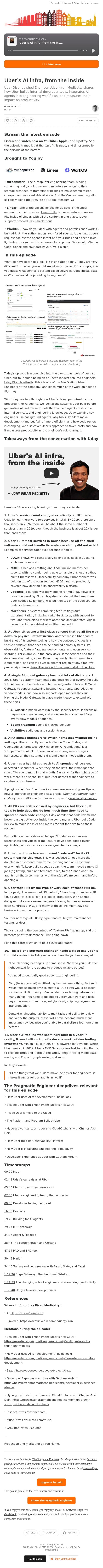Uber’s AI infra, from the inside email from The Pragmatic Engineer (Gergely Orosz) screenshot